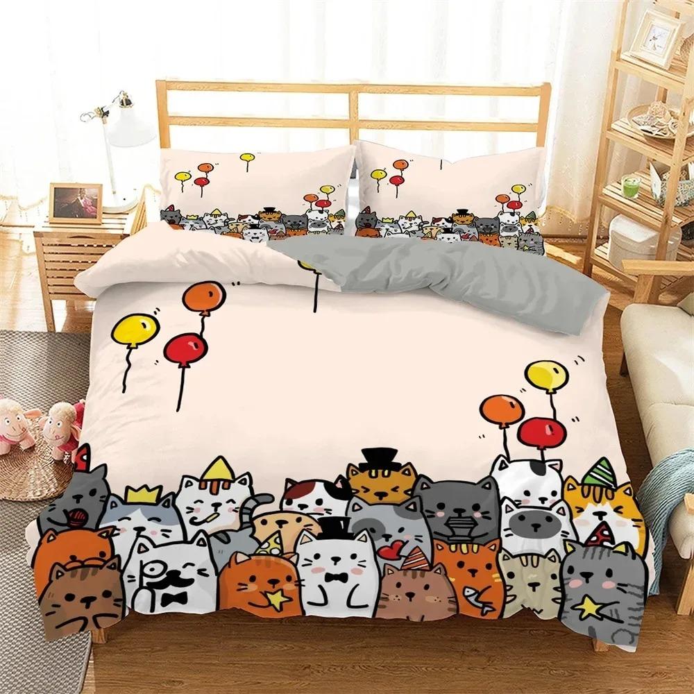 Zestaw pościeli z kreskówkowym kotem dla dzieci Kawaii Kitty poszewka na kołdrę kolorowa poszewka na kołdrę dla zwierząt domowych King Twin Queen poliestrowa poszewka na kołdrę