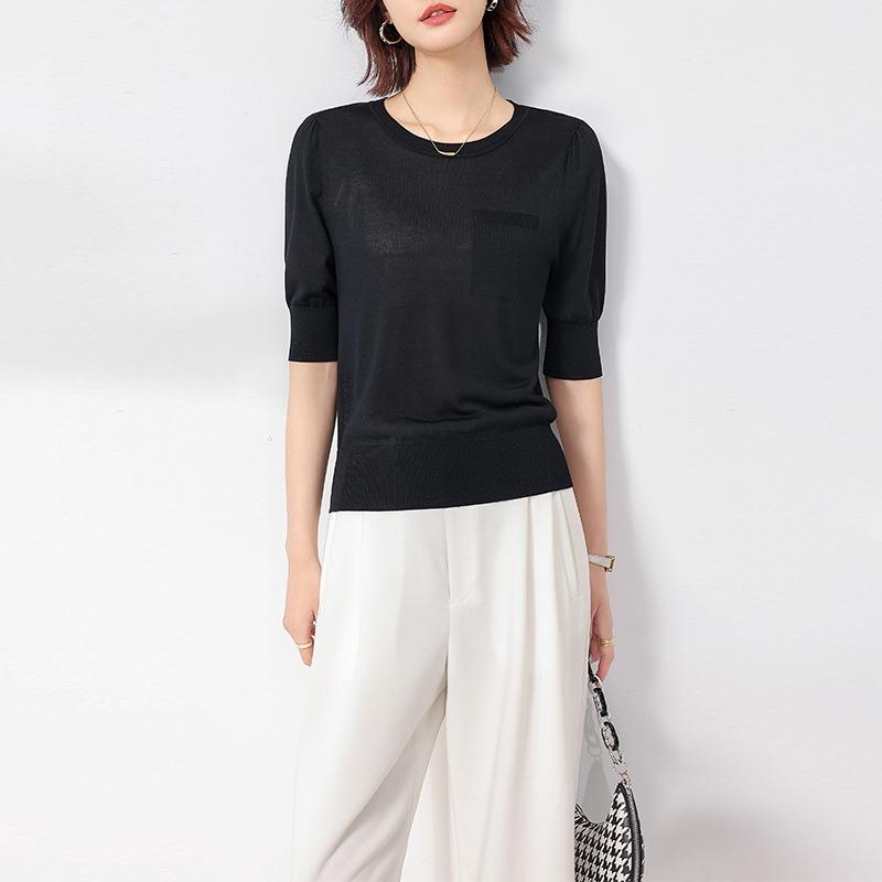 Summer new mulberry silk thin and versatile basic five-quarter-sleeved medium-sleeved knitted sweater solid color thin round neck shirt women