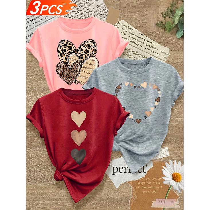3 Women's Heart-shaped Print Item T Shirt Casual Round Neck Short Sleeve Top With Perfect Aphorism Leopard Print and Heart-shaped