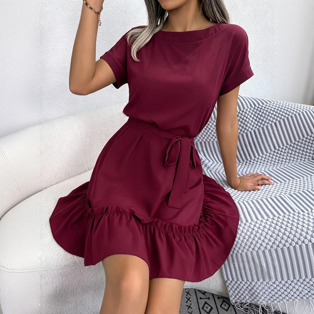 Women's Casual Short Sleeve Dress with Ruffle Hem and Waist Tie Elegant Summer Dress Lightweight Fabric Comfortable Fit