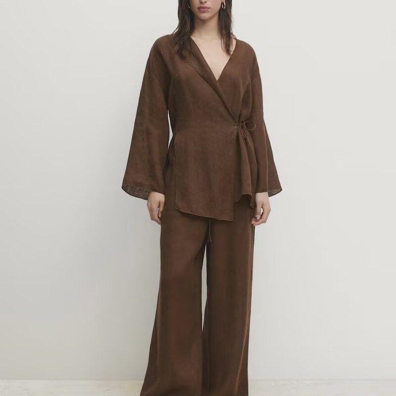 Zbzr Spring New Women Clothes Western Style Linen Kimono Cross Outerwear Fluid Pants 6078572 5057572