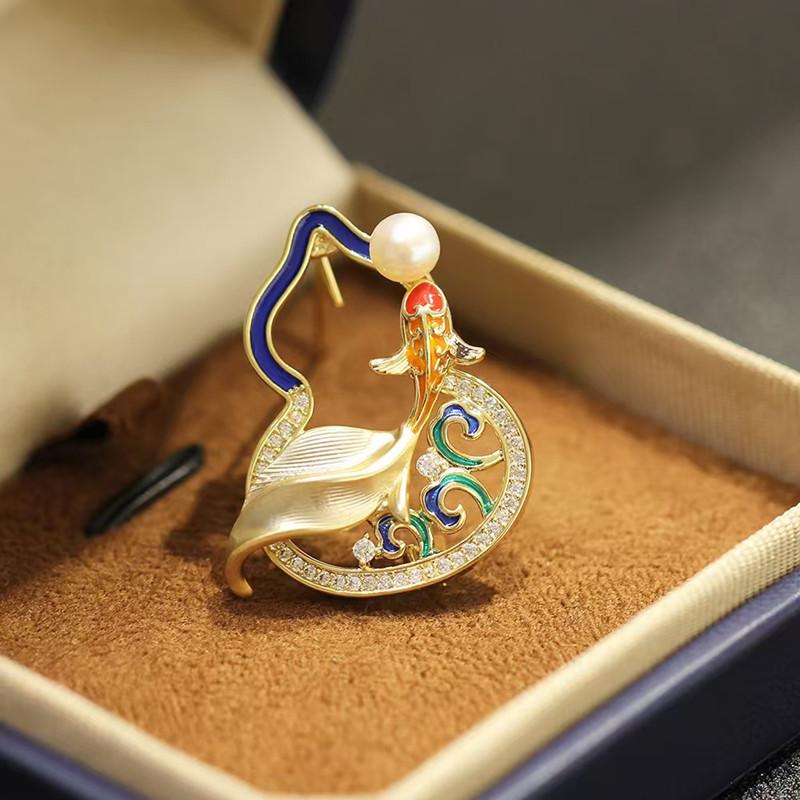 National Style Retro Koi Gourd Brooch for Women, High-end, Light, Luxurious and Exquisite
