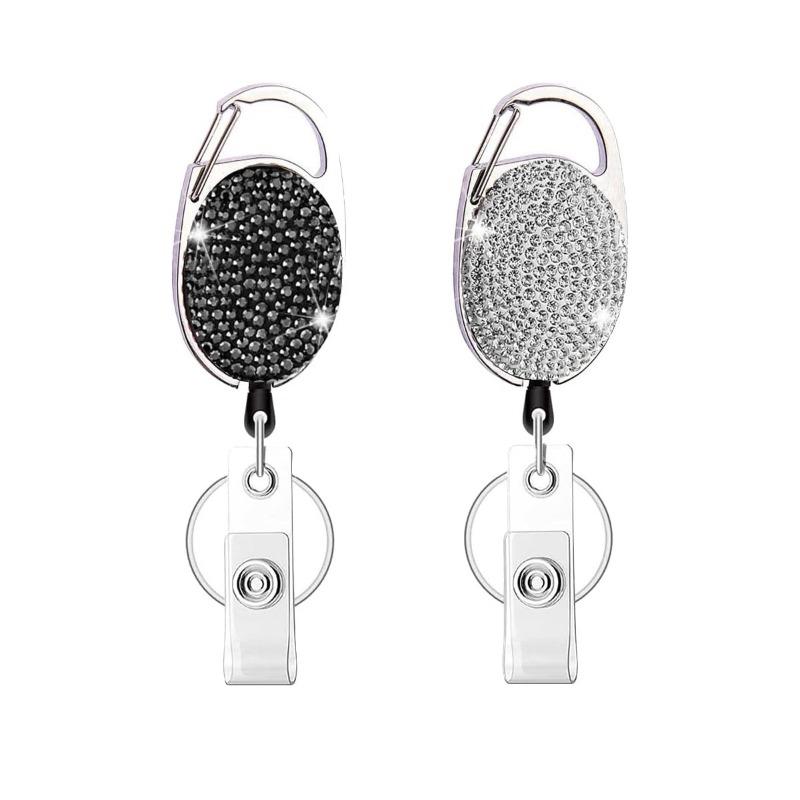 1pc Sparkle Retractable Crystal ID Name BadgeHolderBling Work Card Badge Reel,Fashion Rhinestone Badge Car Bag Keychain