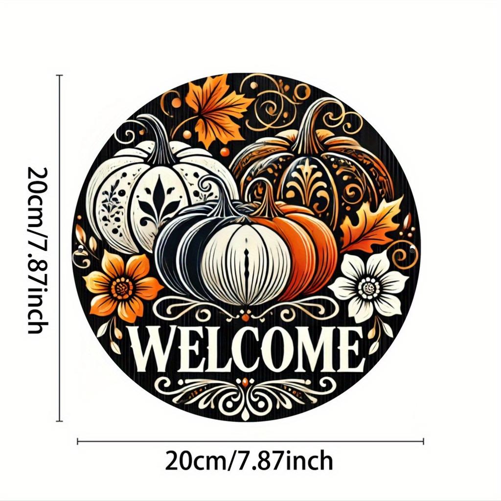 Pumpkin Wreath Aluminum Sign. Black & white striped decor for Halloween & Christmas.
