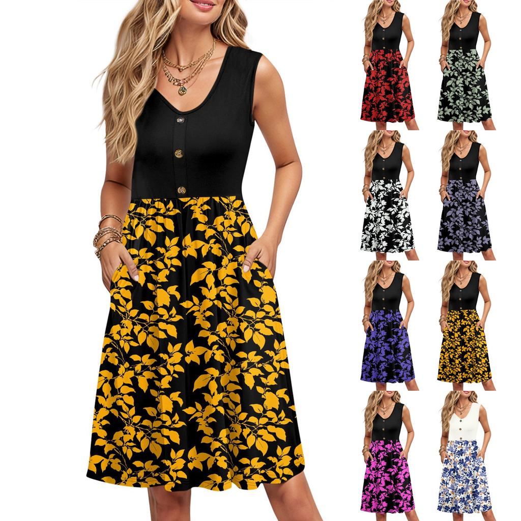 Women Summer Printing Dresses Sleeveless Casual Loose Swing Button Down Midi Sundress With Pockets