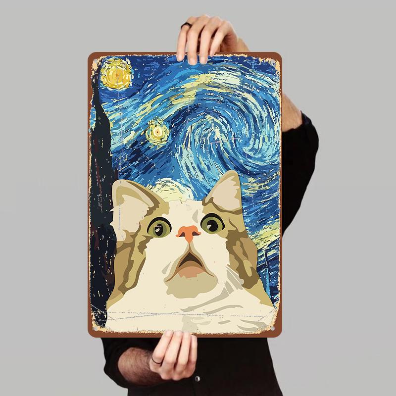 Van Gogh Starry Night Art Cat Metal Tin Sign Living RoomWall Decorative Painting Home Hanging Ornament