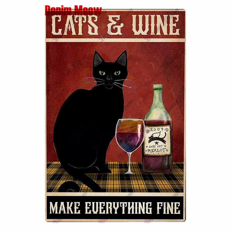 Vintage Turquoise Cat Metal Poster, I Drink Wine Wall Tin Sign, Retro Frogs, Wine Plate for Elf Bar, Pub and Garden Decor, WY52