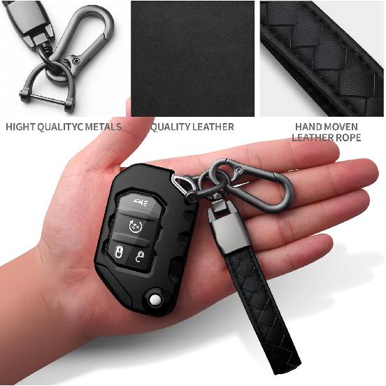 Autophone Compatible With Jeep Key Fob Cover With Leather Keychain Soft TPU Protection Key Case For 2018-2025 Wrangler JL JLU Rubicon Wagoneer