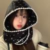 Korean Style Print Bow Hat Scarf Winter Warm Fleece Lined Cute Women Beanie Neck Warmer Integrated Fashion Accessory