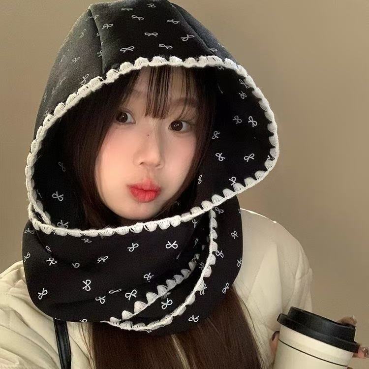 Korean Style Print Bow Hat Scarf Winter Warm Fleece Lined Cute Women Beanie Neck Warmer Integrated Fashion Accessory