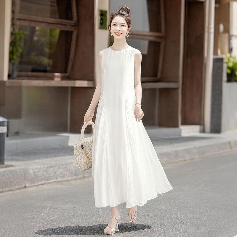 Women s Sleeveless Round Neck A-Line Midi Dress L