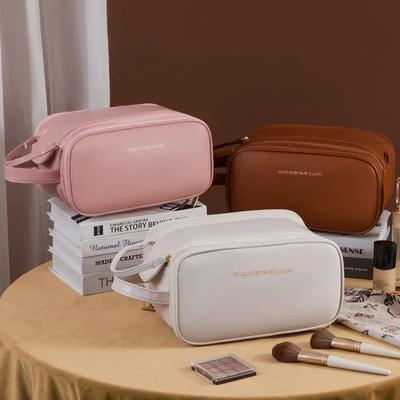 Tragbare Damen-Make-up-Tasche PU-Leder Luxus Kosmetik-Aufbewahrungsorganizer Reiseutensilien Doppelter Reißverschluss Toilettenartikeltasche