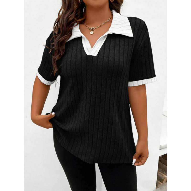 Womens Plus Size Contrast Collar Ribbed Knit Blouse Short Sleeve V Neck Casual Top 1XL