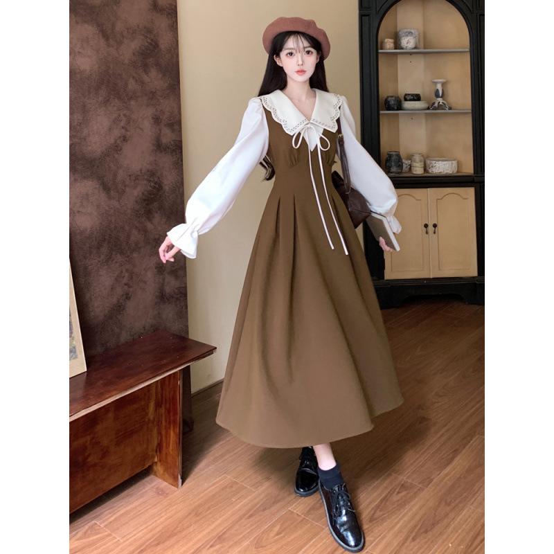 Plus Size Retro Doll Collar Two-Piece Long Dress - Slimming French Autumn Style for Women