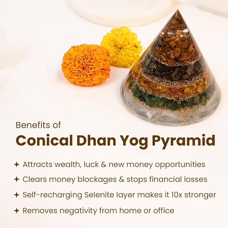Astrotalk Conical Dhan YOG Resin Pyramid with Selenite Base | Home Decor Items for Wealth, Money & Business Growth | Vas