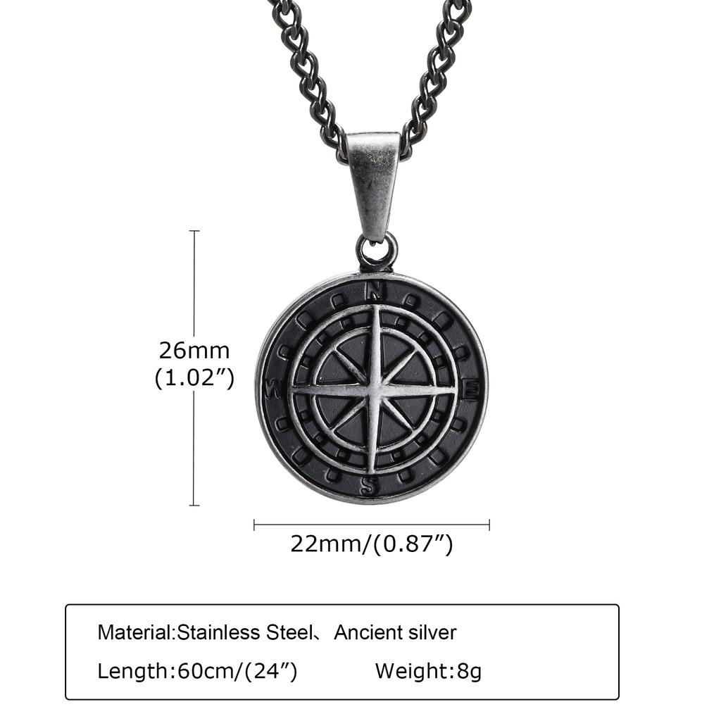 Men Retro Silver Color Seeker Compass Necklaces, Rock Punk Vintage Metal Stainless Steel Round Coin Pendant Collar Gift Jewelry