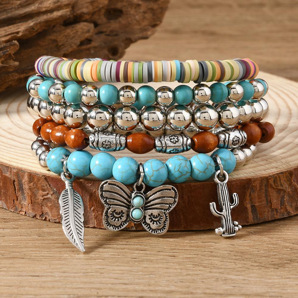 Boho Beaded Stack Bracelet Set, Multi-Layer Wood & Turquoise Bead Bracelet for Women, Bohemian Casual Beach Jewelry