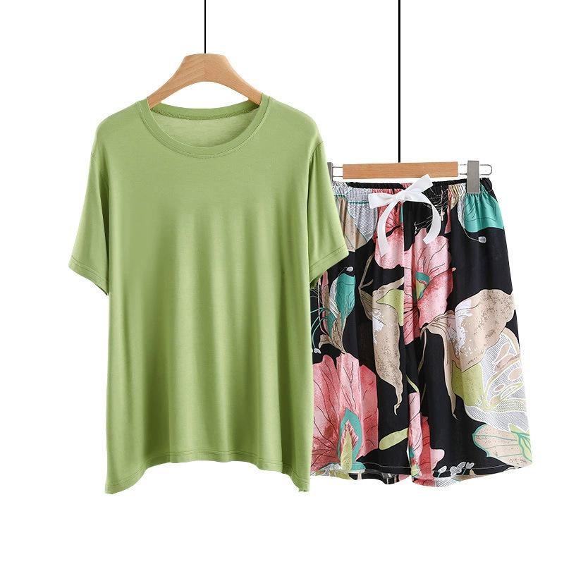 Summer Solid color Tshirts and Print shorts Simple Homewear O-Neck Loose Tshirts and Poplin short pants Casual sleepwear suits