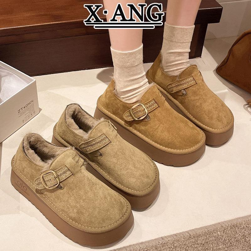 Skórzane wsuwane damskie aksamitne pogrubione ciepłe buty bawełniane buty chlebek zimowe antypoślizgowe grubo podeszwowe wełniane buty śniegowe