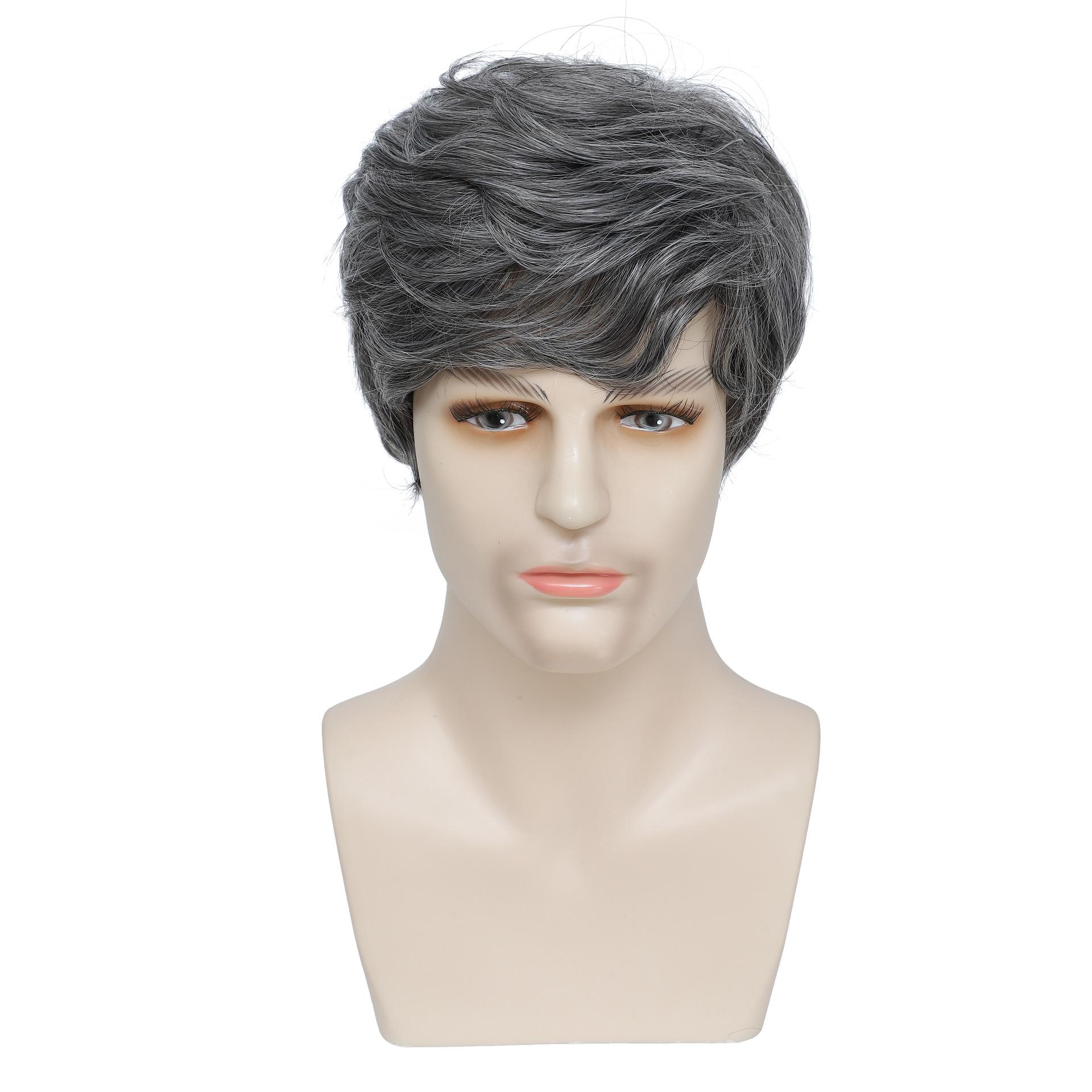 

Men Short Curly Synthetic Wig with Bangs Layered Dark Gray Hair for Daily Party Cosplay Heat Resistant Fibre серый