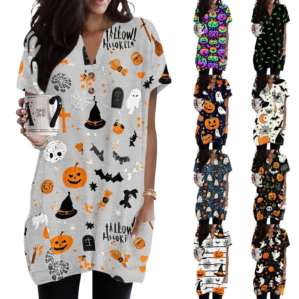 Women's V Neck Halloween Print Short Sleeve Pullover Dress with Pockets Casual Loose Fit Tunic Top