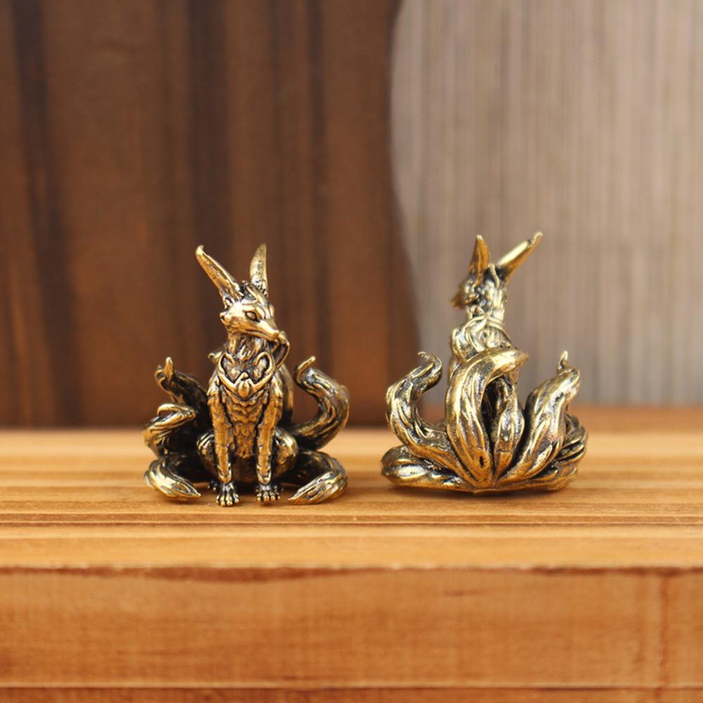 Antique Brass Lucky Nine Tailed Fox Figurine, Feng Shui Ornament, Copper Animal Miniature, Office Desktop Craft, Home Decoration Accessory