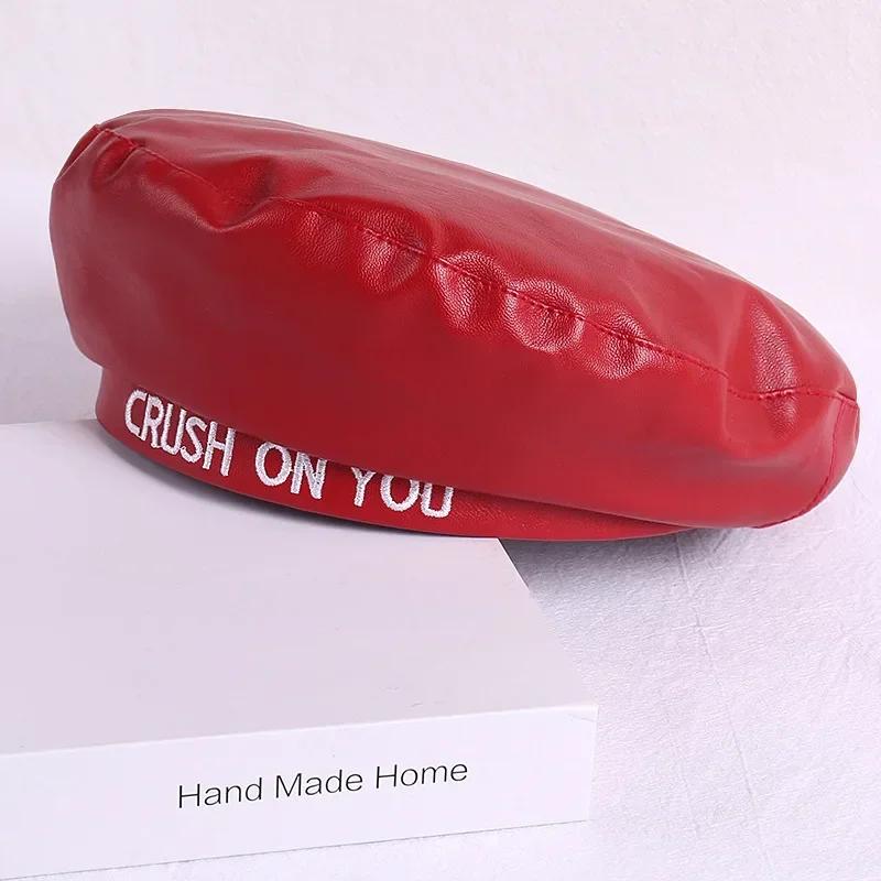 

Women s Faux Leather Berets CRUSH ON YOU Letters Printing Fashion Autumn Winter Solid Color PU Cap красный
