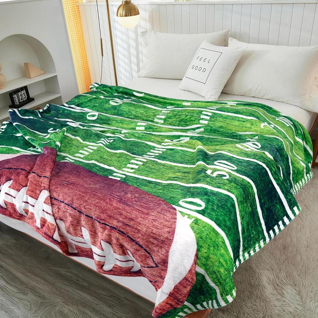 Football Blanket Gifts for Boys Girls Football Lovers, Green Football Throw Blanket Super Soft Travel Bed Sofa Blankets for Sport Fans Kids Adults