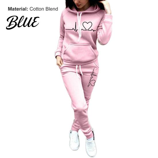 Thick 2 Pcs/Set Lady Tracksuit Heart Print Warm Hoodie Suit Breathable Solid Color for Daily Wear Autumn
