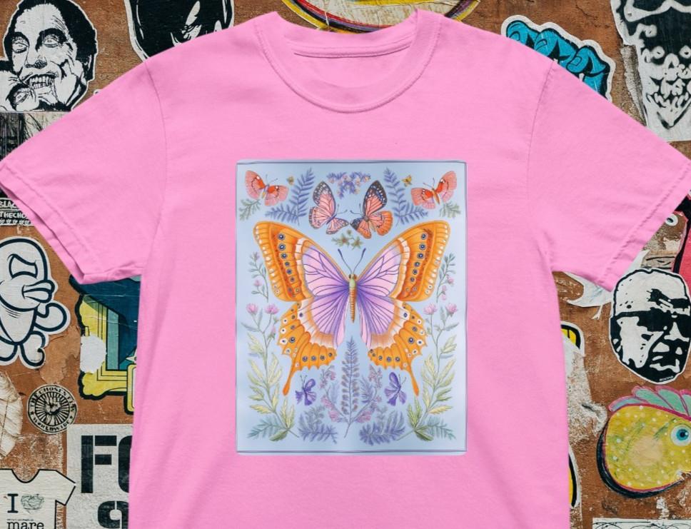 Butterfly T-Shirt – Colorful Butterfly and Flowers Graphic Tee Nature Lover Gif L