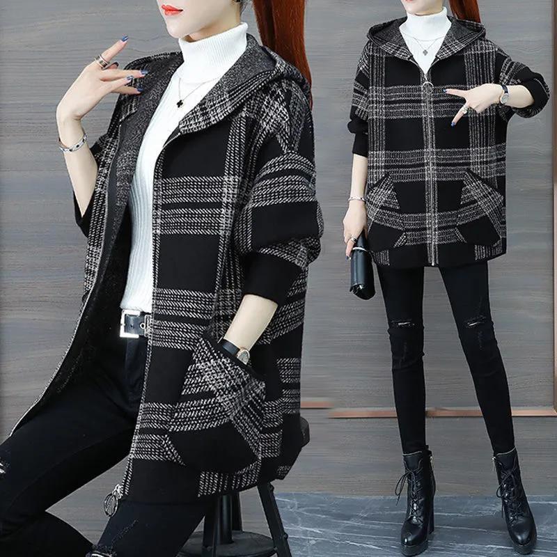 Women Autumn Plus Size Loose Plaid Hooded Zipper Open Cardigan Ladies Versatile Casual Outerwear