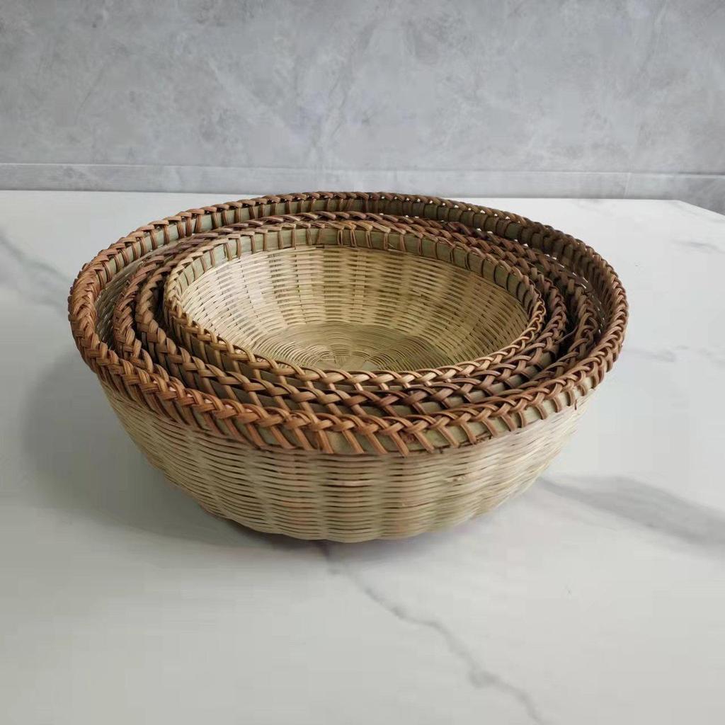 Large Bamboo Rattan High-Foot Steamed Bun & Snack Basket - Finely Woven, Multi-Purpose Household Kitchen Fruit & Vegetable Wash Basket, Round Design