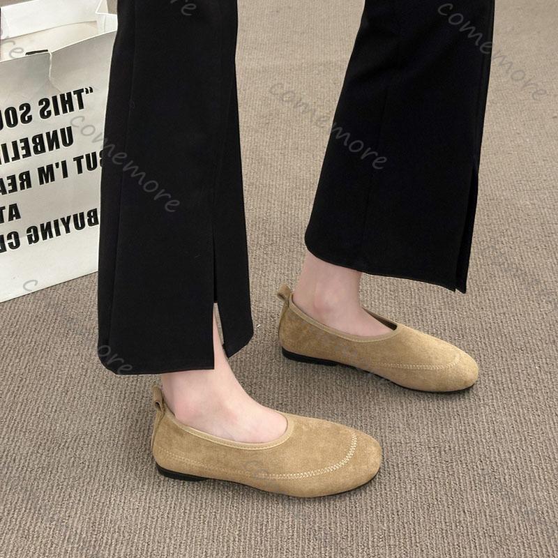Fashion Comemore Women Flats Casual Retro Round Head Loafers Shoes Women Solid Suede Slip On Ladies Single Shoes Soft-soled Mocasines