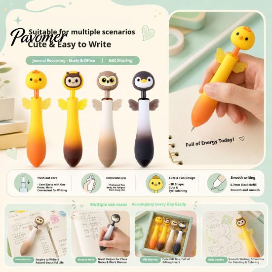 Cute Animal Pens for Students Ballpoint Pen, 0.7mm Smooth Writing Retractable Gel Pens, Owl/Chick/Penguin/Honeybee Pen School Office Stationery
