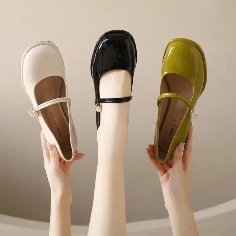 Fashion Versatile Pearl Single Shoe Women's 2025 Spring Summer New Style French Small Leather Shoe Square Head Casual Mid Heel Mary Jane