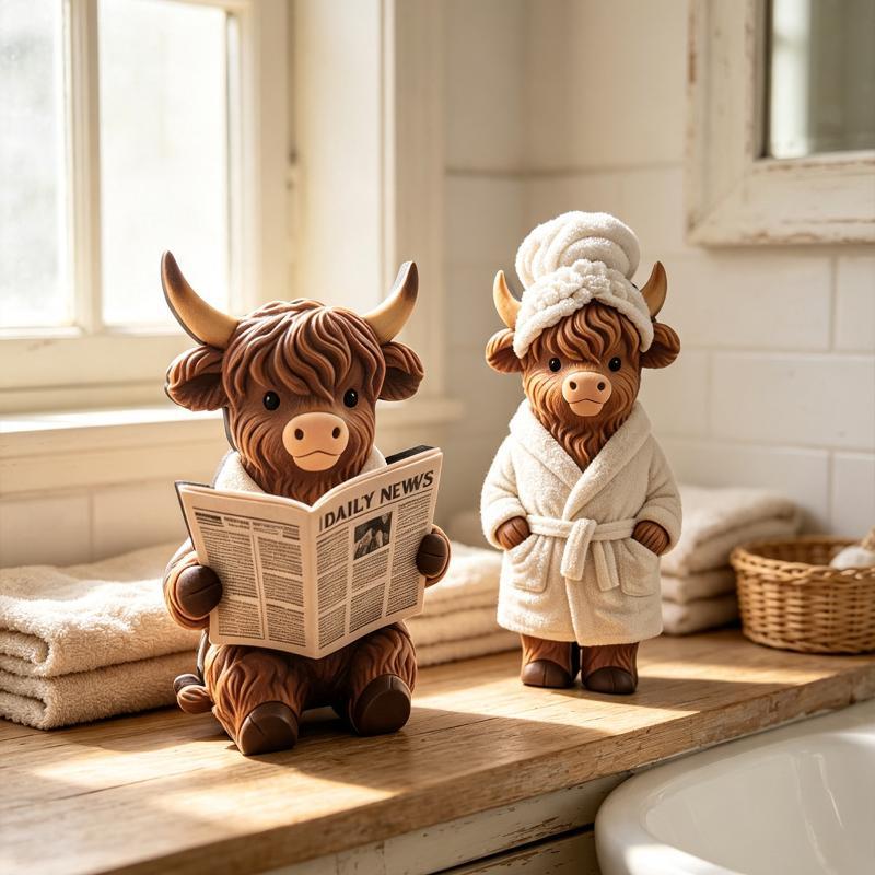 2Pcs 2D Flat Wooden Newspaper-Reading Cows Highland Cow Decorative Ornaments For Home Bedrooms Entryways Bookshelf Display