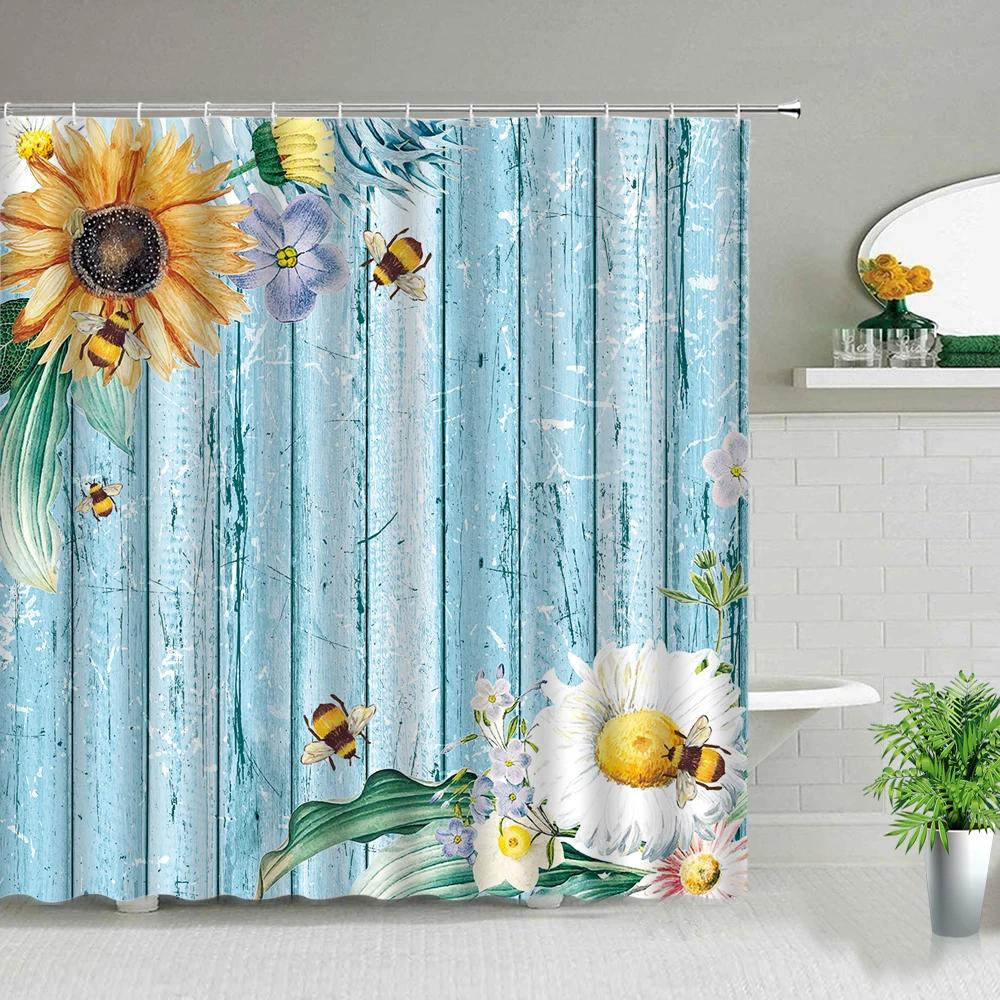 Sunflower Flower Wood Grain Plant Scenery Bathroom Shower Curtain Cactus Butterfly Bee Floral Landscape Bath Curtains With Hooks