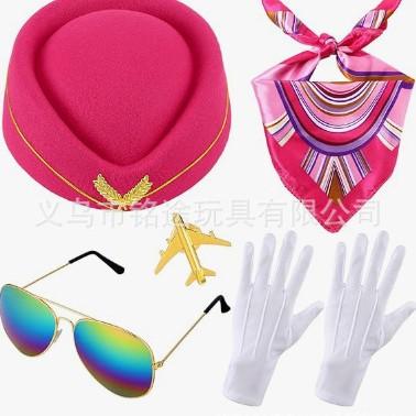 Dames stewardess Cosplay Kostuum Set Vliegtuig stewardess Hoed Met Sjaal Handschoenen Bril Accessoires Voor Feestartikelen One Size&Other pink