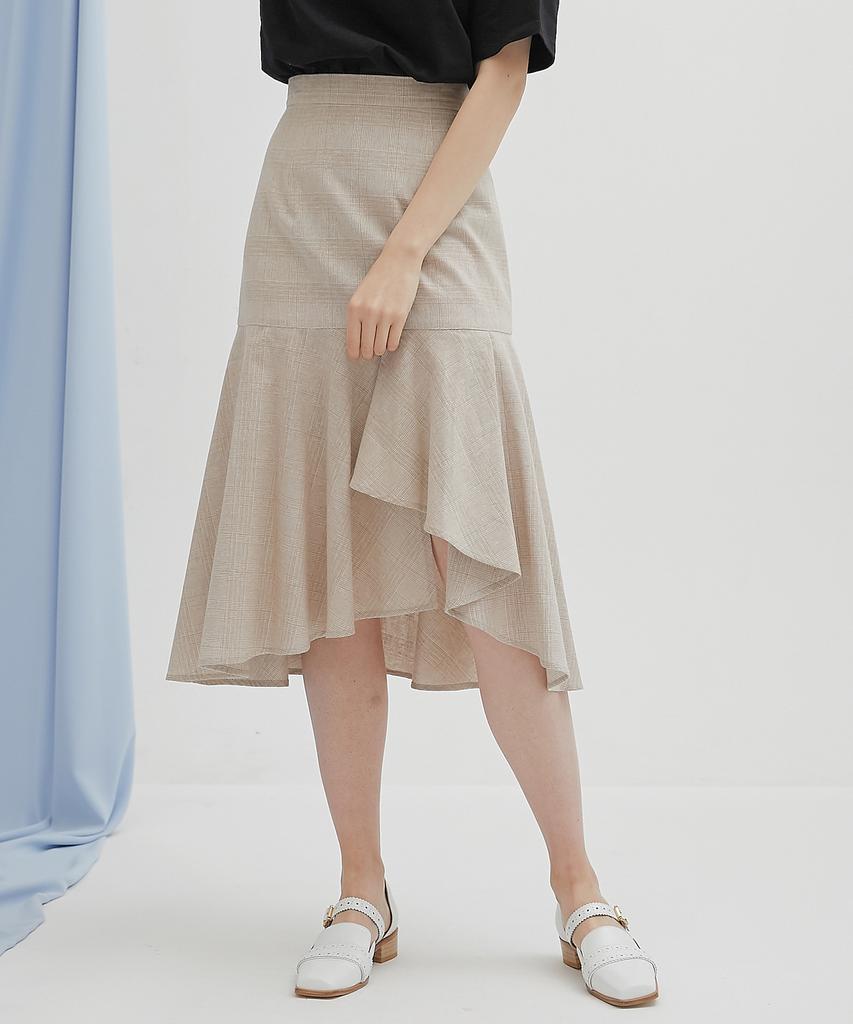 Modern Able Asymmetrical Flare Check Skirt - Beige