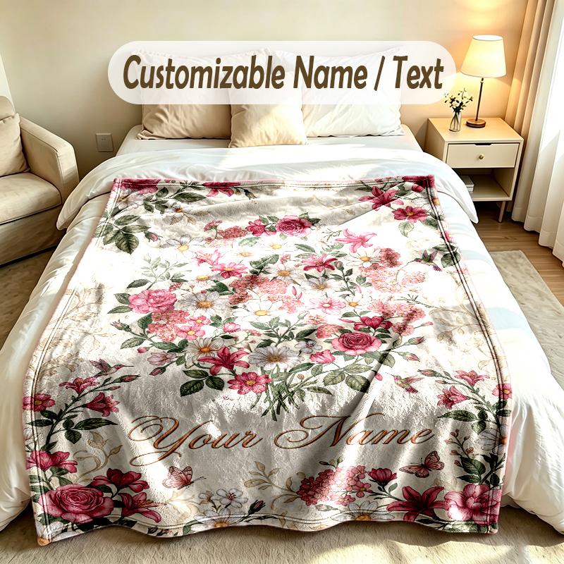 Floral Garden Theme Soft Blanket Personalized Custom Name Text Print Warm Blanket Home Sofa Bedroom Decor