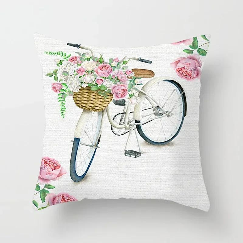 45X45Cm Home Decor Cushion Cover For Living Room Bedroom Decorative Polyester Pillowcases Flowers Bike Printed Pillow Cover