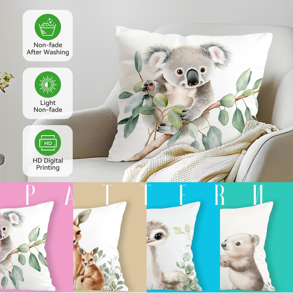 4 Pcs Cute Animals Single-Sided Printed Pillowcase Cushion Cover,Suitable For Living Room,Bedroom,Car Decoration