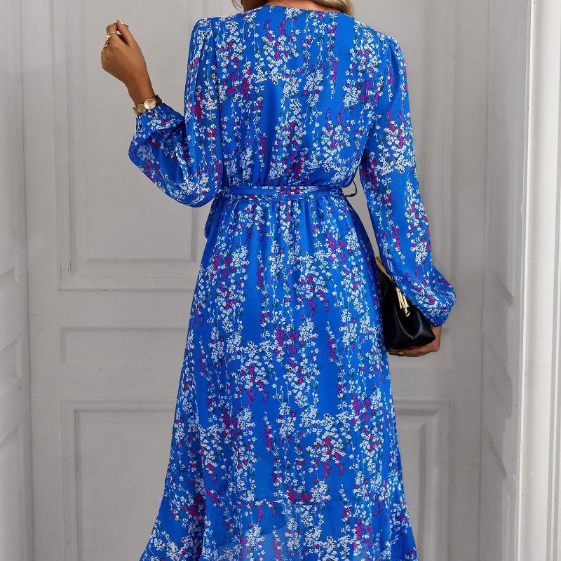 YYFS Women's Fashion Spring Fall Flower Pattern Print Long Sleeve V-Neck High Waist Casual Dresses