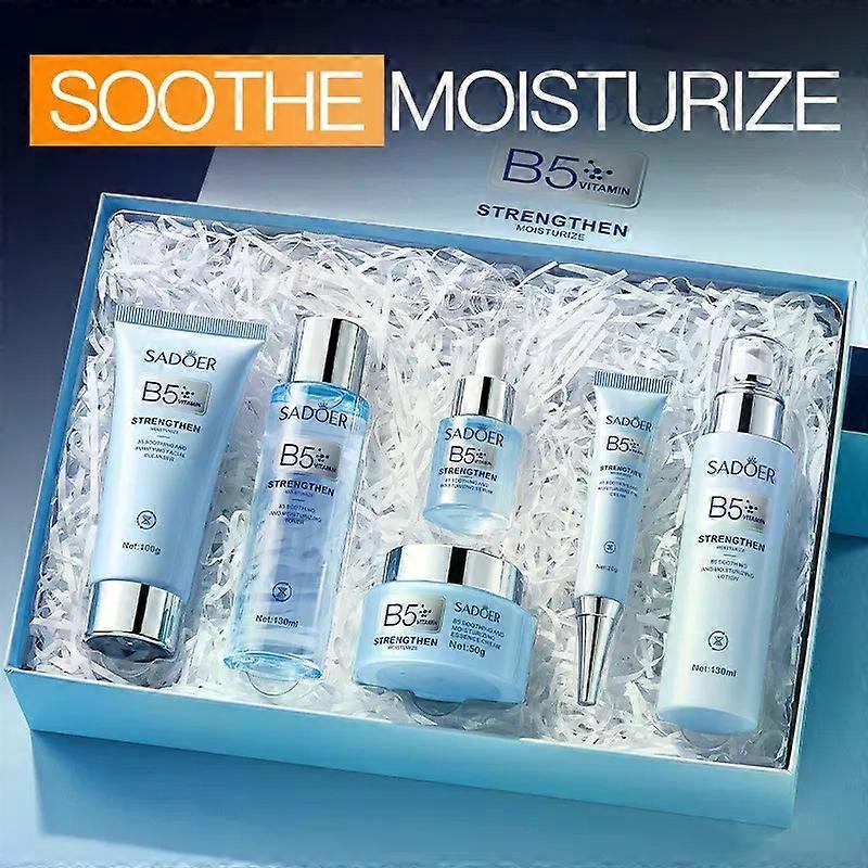 Vitamin B5 Skincare Set for Face - 6-Piece Hydrating & Strengthening Kit with Cleanser, Toner, Serum, Cream, Eye Cream, Essence for Sensitive & Dry Sk