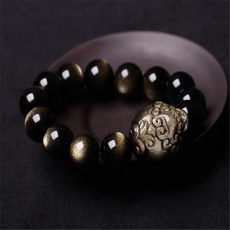 Factory Supply Natural Mexican Black Obsidian and Gold Obsidian Pixiu Fortune Pig Bracelet, Pichu Buddha Bead Crystal Bracelet