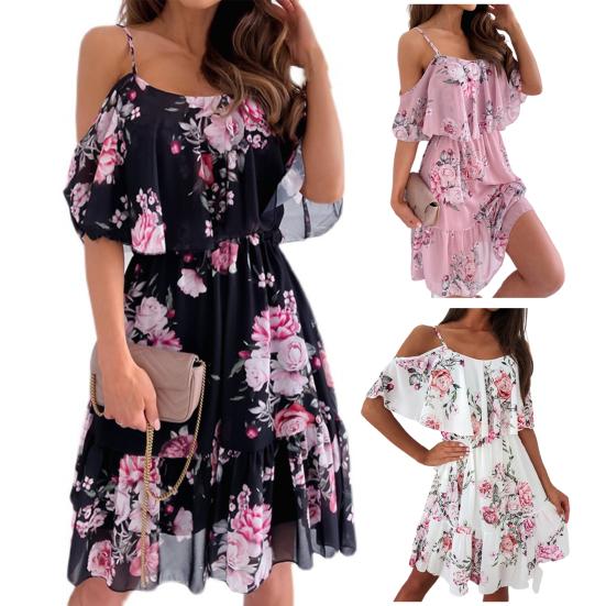 Damenkleid Rüschen Spaghettiträger Patchwork Schulterfrei Kurzarm Damen Trägerkleid für den Strand