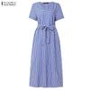 ZANZEA Women Casual V-Neck Short Sleeve Loose Grid Print Dress
