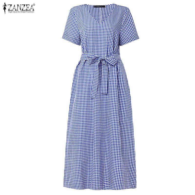 ZANZEA Women Casual V-Neck Short Sleeve Loose Grid Print Dress
