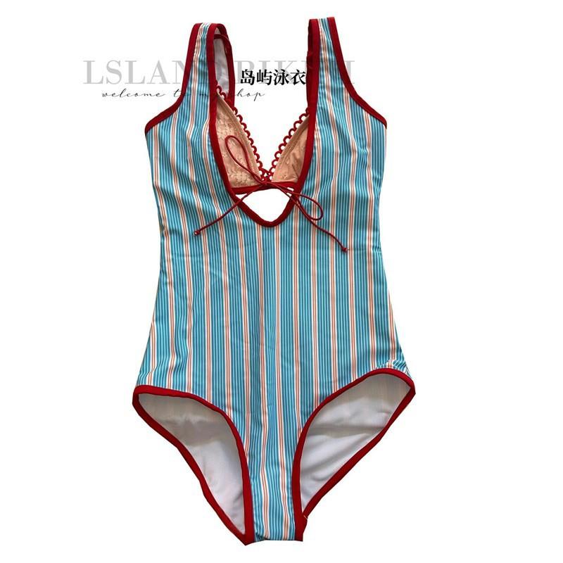 

Thai Striped One-piece Swimsuit Women s Lace Bow Bikini M