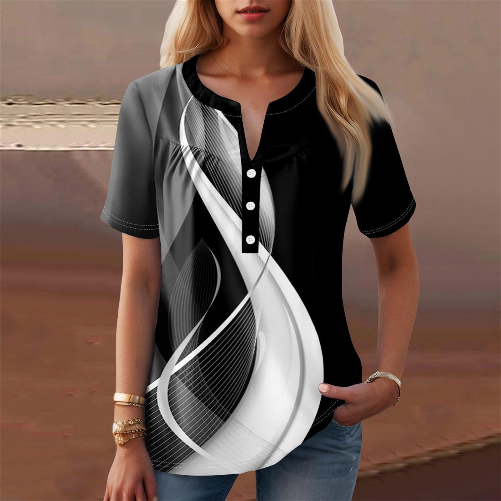 

Женская повседневная футболка с v-образным вырезом и коротким рукавом с цветочным принтом и декоративными пуговицами, топ XL